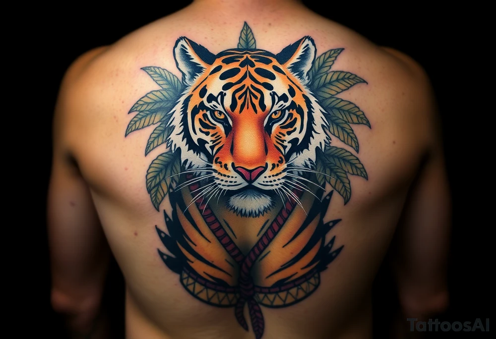 Bengal tiger wearing Muay Thai attire as a person would. The surrounding area is jungle tattoo idea