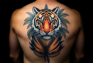 Bengal tiger wearing Muay Thai attire as a person would. The surrounding area is jungle tattoo idea