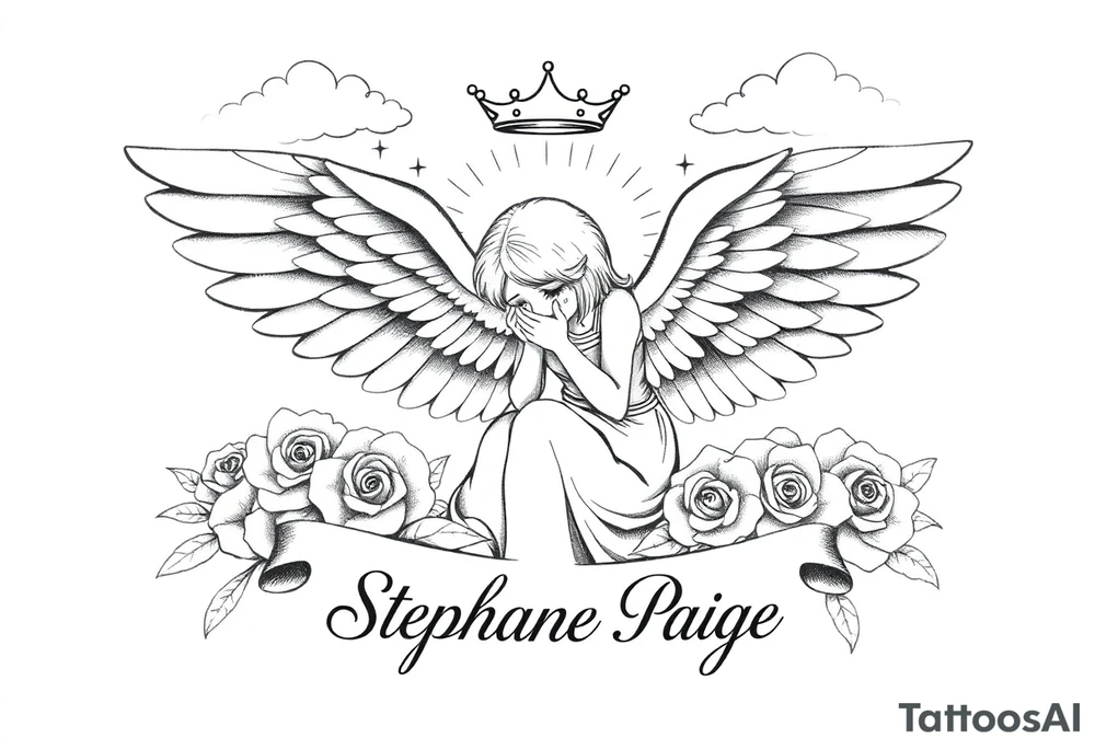 A beautiful memorial tribute tattoo with a fallen angel with big beautiful wings kneeled down crying with roses all around and clouds above and beams of haven shining down. With the saying " You were my favorite hello,and my hardest goodbye.Until we meet again,my sweet girl,rest easy" with the name Stephanie Paige underneath the saying ,all in bold beautiful writing or font. Add a bold crown at the top of it all and any extras you feel would blend or go with this idea. tattoo idea