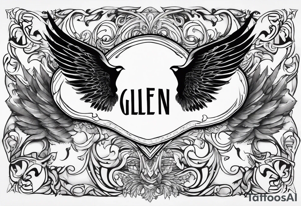 The word Glenn on a banner with angel Wings tattoo idea