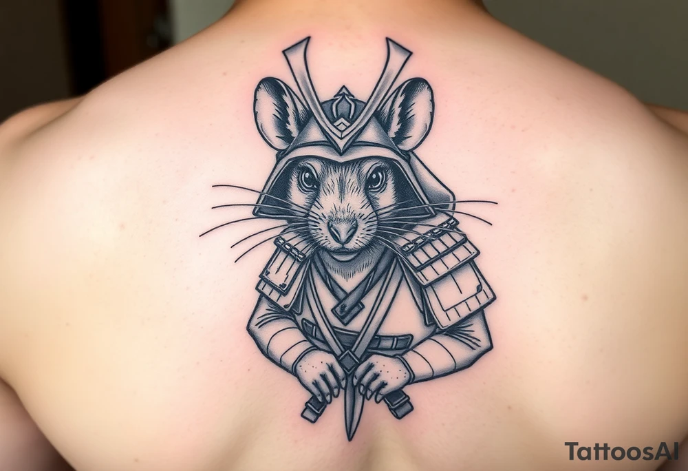 Rat dressed up as masculine samurai warrior tattoo idea