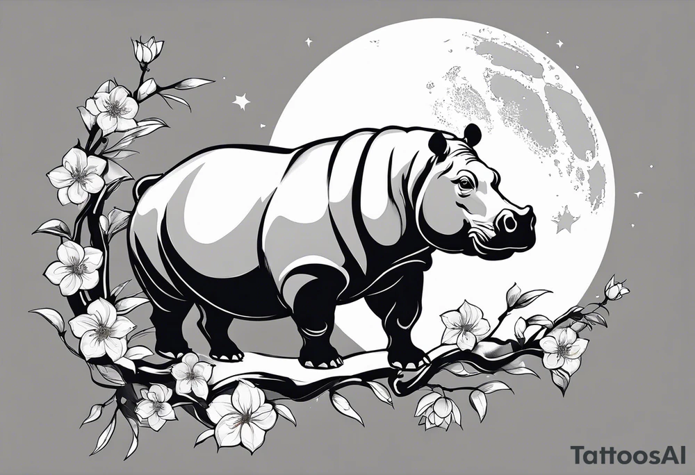 Asymmetrical, geometric, chinese ink art touch, hippo , full moon, wintersweet flower, light , modify from my favourite, s-shape tattoo idea