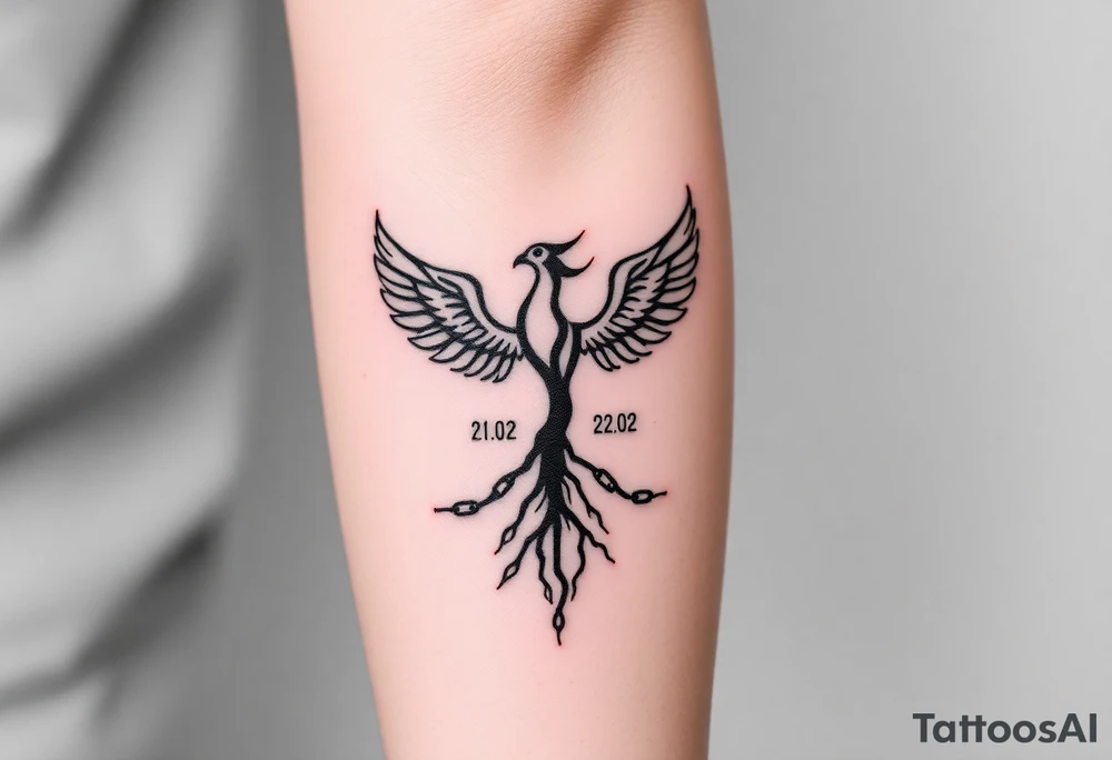 Create a minimalist tattoo design symbolizing personal rebirth. Phoenix or tree breaking through chains, representing freedom from addiction, self-forgiveness, and inner strength. Incorporate dates 21.02 and 22.02 subtly. Emphasize journey of healing, self-love, and dignity. tattoo idea