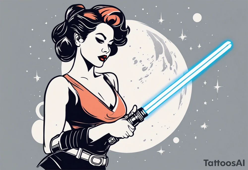 Pinup woman holding light saber in space tattoo idea