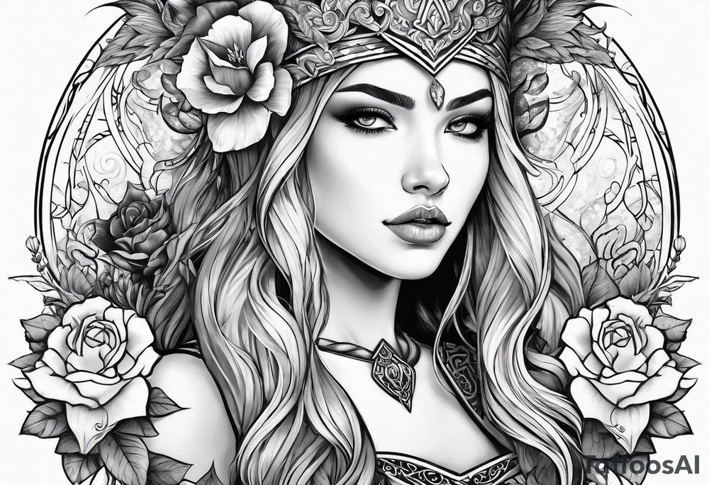 Viking girl, flowers, tattoo idea