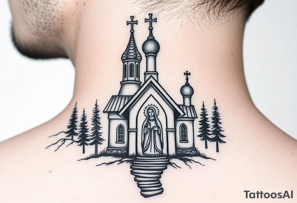Traditional russian orthodox church in a wilderness setting with a prominent orthodox style virgin mary tattoo idea
