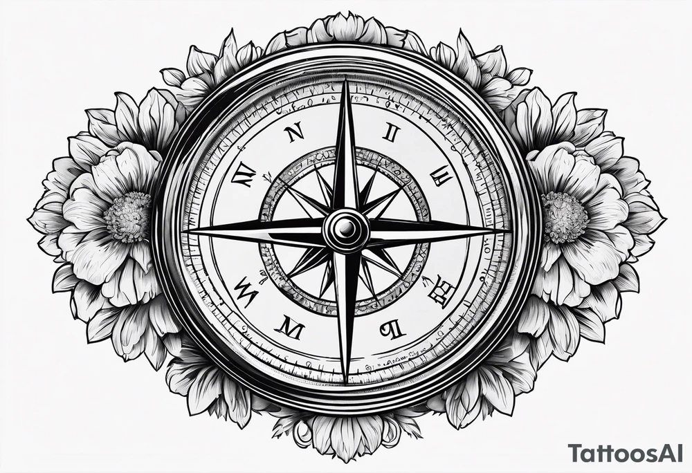 Vintage pocket compass with marigold flower. tattoo idea