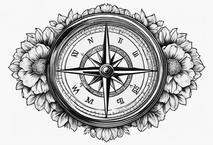 Vintage pocket compass with marigold flower. tattoo idea
