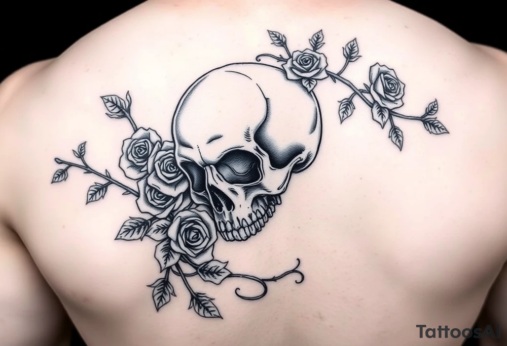gothic skull intertwined with climbing roses and thorny vines tattoo idea