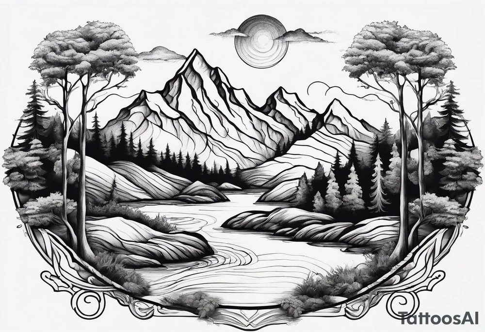 Design a symmetrical tattoo featuring a serene mountain landscape with a winding river and delicate trees, creating a balanced and harmonious composition tattoo idea