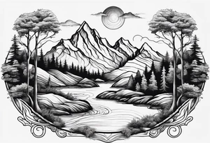 Design a symmetrical tattoo featuring a serene mountain landscape with a winding river and delicate trees, creating a balanced and harmonious composition tattoo idea