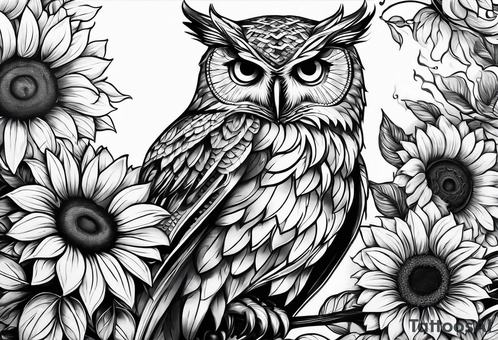 Owl and sunflower sleeve tattoo idea