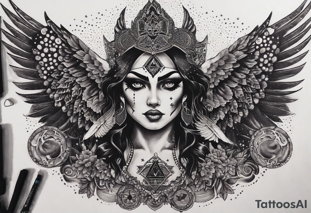 black kali, goddess pirate, alien, angel, pachamama, valkrye, warrior, flying, skull, lotus azul, wing, eagle, zenza resonance, stars, 5D, anahata chakra, death, durga, riding on a tiger, flying lady, chest tatoo tattoo idea