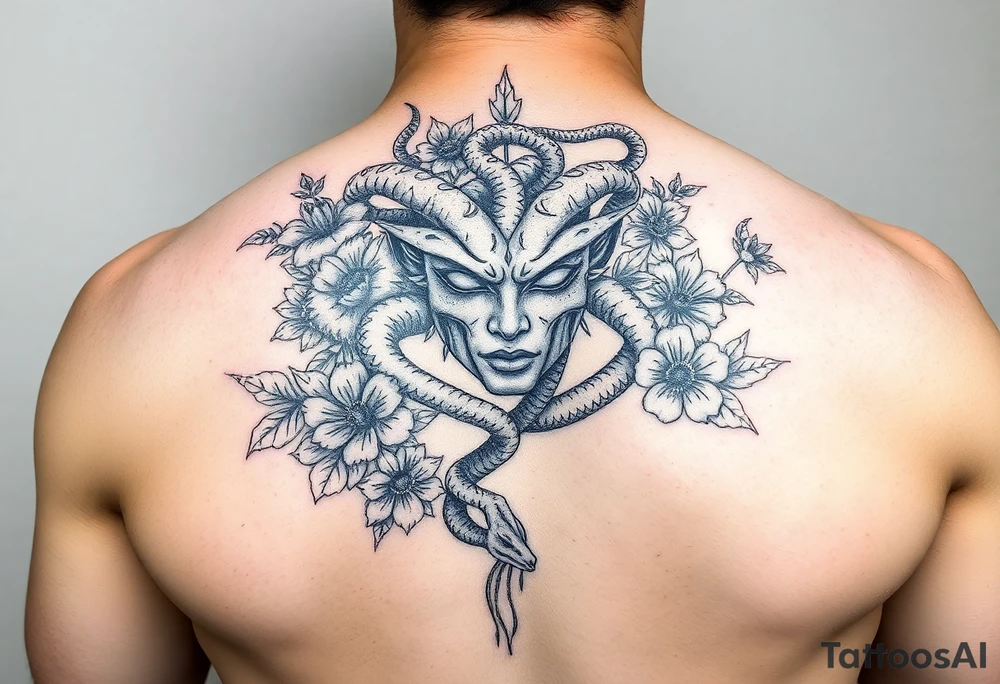 Medusa with snakes and flowers tattoo idea