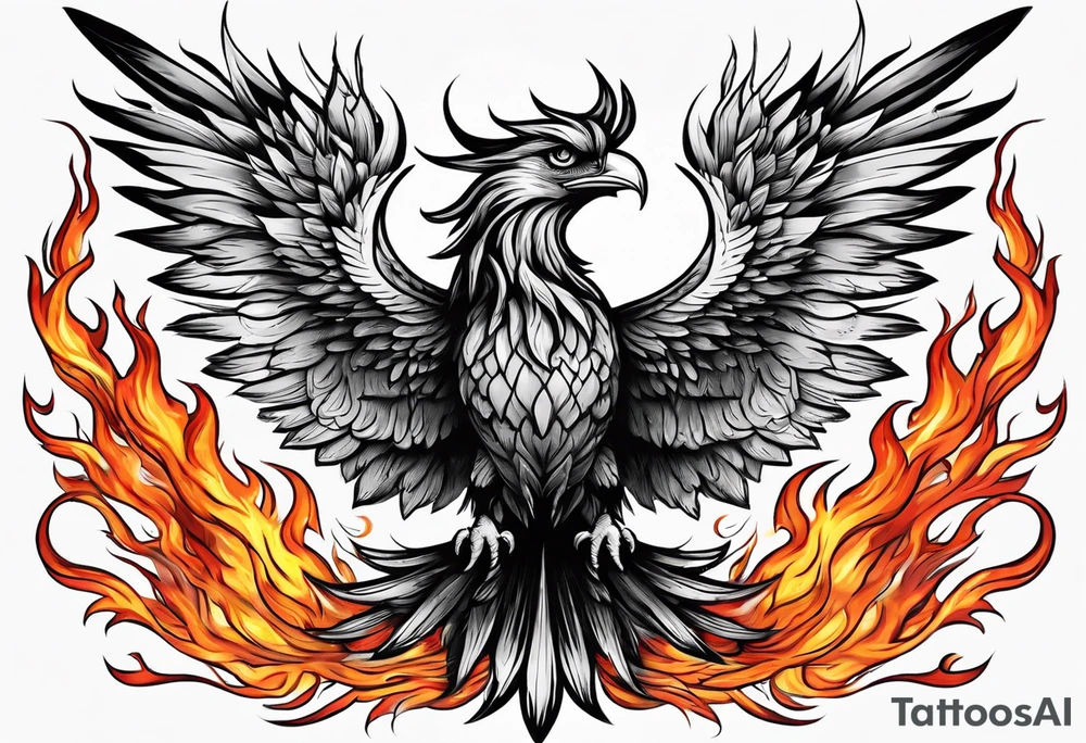 Phoenix rising out of flames slightly on fire with outstretched wings with the word indomabilis between them tattoo idea