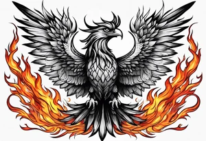 Phoenix rising out of flames slightly on fire with outstretched wings with the word indomabilis between them tattoo idea