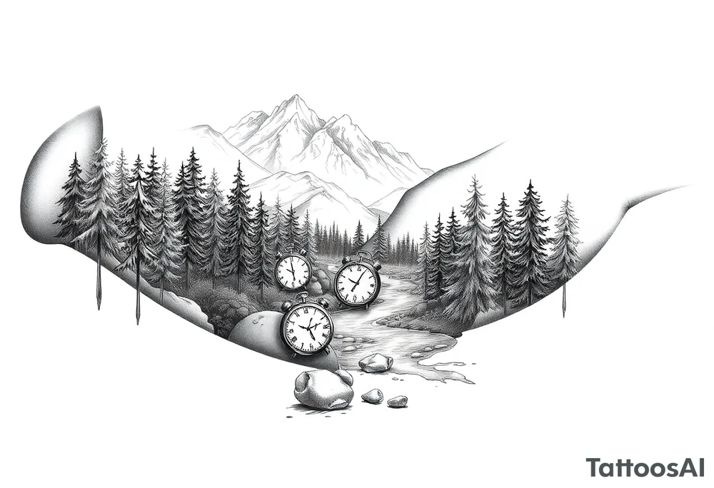 Forest landscape with mountains and a river, with three clocks in the river with dates tattoo idea