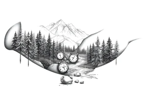 Forest landscape with mountains and a river, with three clocks in the river with dates tattoo idea