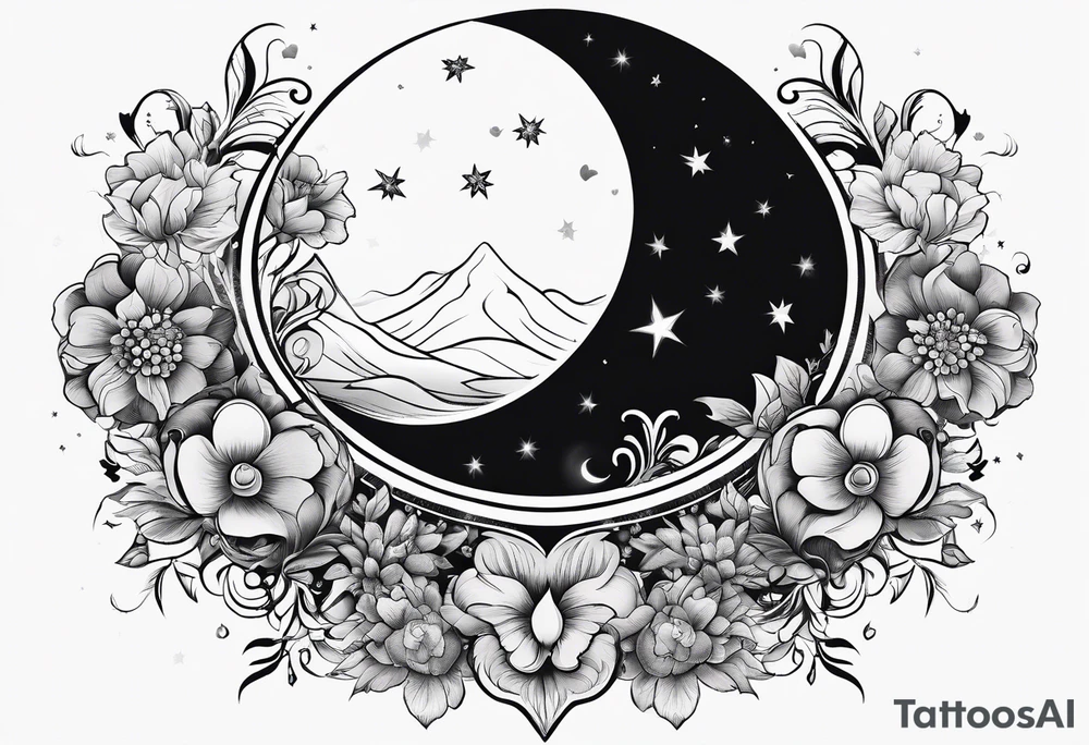 Crescent moon with a heart inside, shrouded by beautiful flowers with wisps of mist tattoo idea