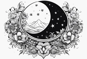 Crescent moon with a heart inside, shrouded by beautiful flowers with wisps of mist tattoo idea