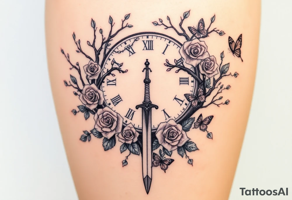 a big clock behind the big poisoned tree, big and small roses, big and small butterflies with a big sword behind it all tattoo idea