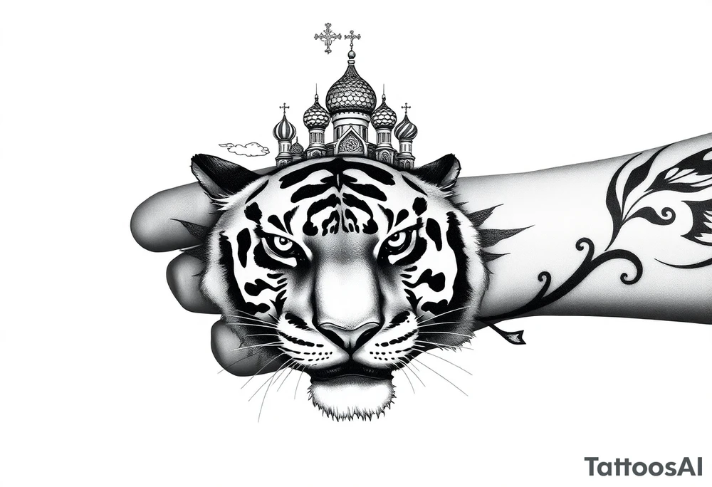 Realistic tiger face on the back of the hand with strong contrast and fine detail with hollow black eyes. with a highly detailed Russian Orthodox cathedral sitting above on fore arm with onion domes and orthodox crosses, done in fine line, engraving-like style. Cohesive composition, black ink only, no color, high contrast, slightly aged, documentary-style, plain light background. with clouds above and a virgin mary tattoo idea