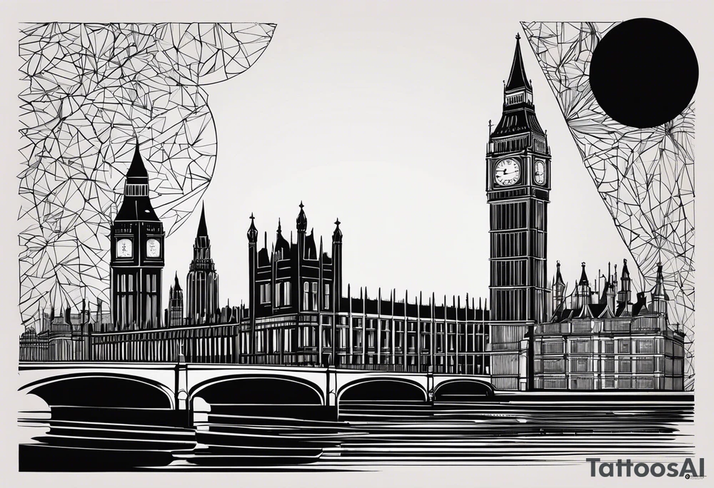 A minimalistic, abstract design capturing the architectural essence and vibe of London. Key elements of London’s skyline and structure are hinted at with clean lines, and subtle detailing includes personal touches, like a nod to Feid’s signature look (hat, glasses, mustache), integrated discreetly to honor a memorable concert experience. tattoo idea