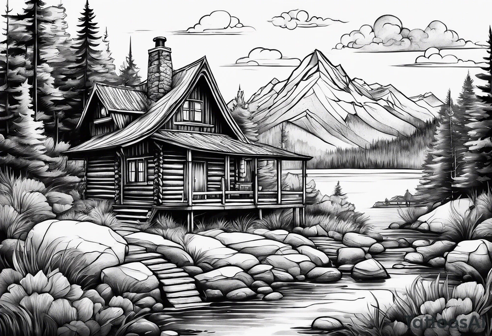 Whimsical landscape with cabin tattoo idea