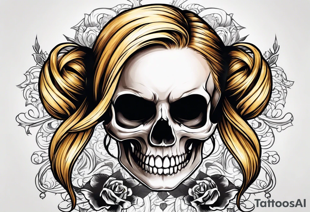 Skull and cross bones with blonde pigtails tattoo idea