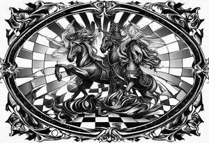 a chessboard with angelic and demonic chess pieces engaged in a strategic game, symbolizing the eternal battle between opposing forces. tattoo idea