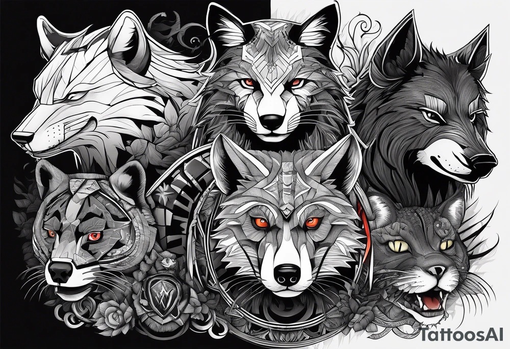 a super hero team which is combination of animals.
One is Badger/Wolverine One is Bull One is Wolf One is Axolotl One is Canary One is Lizard One is Cat tattoo idea