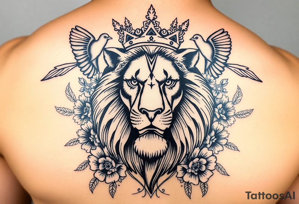powerful majestic lion with a crown, surrounded by floral ornaments and birds tattoo idea