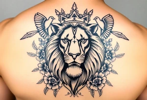 powerful majestic lion with a crown, surrounded by floral ornaments and birds tattoo idea