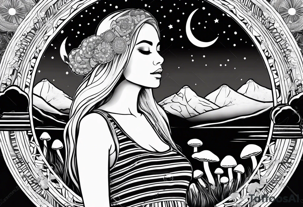 Straight blonde hair girl holding mushrooms in hand meditating facing away toward mountains surrounded by mushrooms crescent moon mandala circular design black and white striped dress tattoo idea