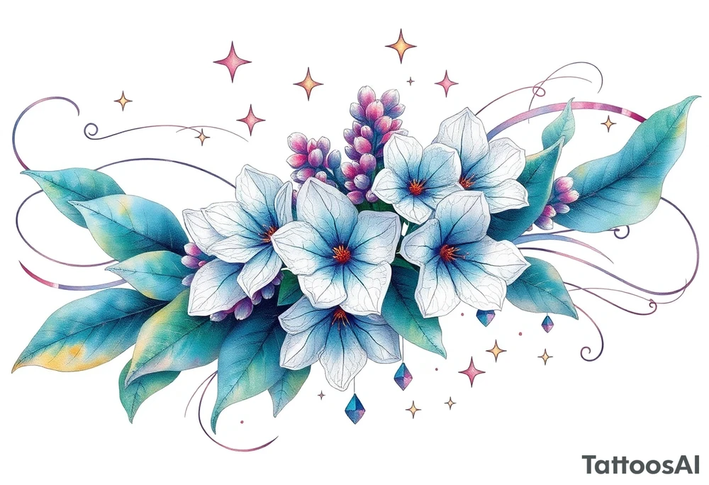 Beautiful mountain laurel flowers surrounded by flowing lines and stars tattoo idea