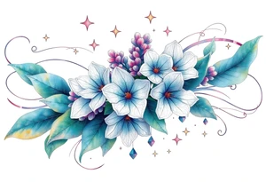 Beautiful mountain laurel flowers surrounded by flowing lines and stars tattoo idea