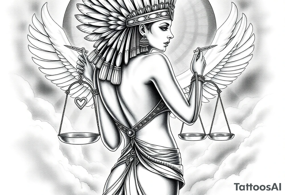 Sexy Egyptian goddess with a curvy body, slightly turned So you can see her ass. She is wearing an ostrich feather headdress, and intricate ancient Egyptian jewelry. Background includes something similar to heaven. Incorporate the Scales of Justice—one side holding a heart, the other Ma’at’s feather—glowing with ethereal energy. Emphasize dramatic lighting, deep shadows, and surreal, mystical atmosphere tattoo idea