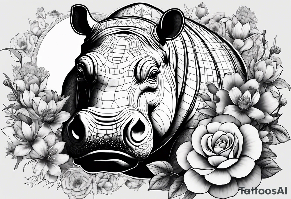Very asymmetrical, +geometric pattern, with realistic full moon, with seeious looking hippo,,
with wintersweet flower bud, +portrait orientation, +inkart touch, tattoo idea