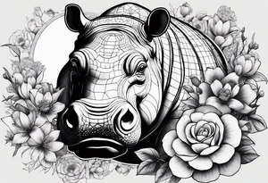 Very asymmetrical, +geometric pattern, with realistic full moon, with seeious looking hippo,,
with wintersweet flower bud, +portrait orientation, +inkart touch, tattoo idea
