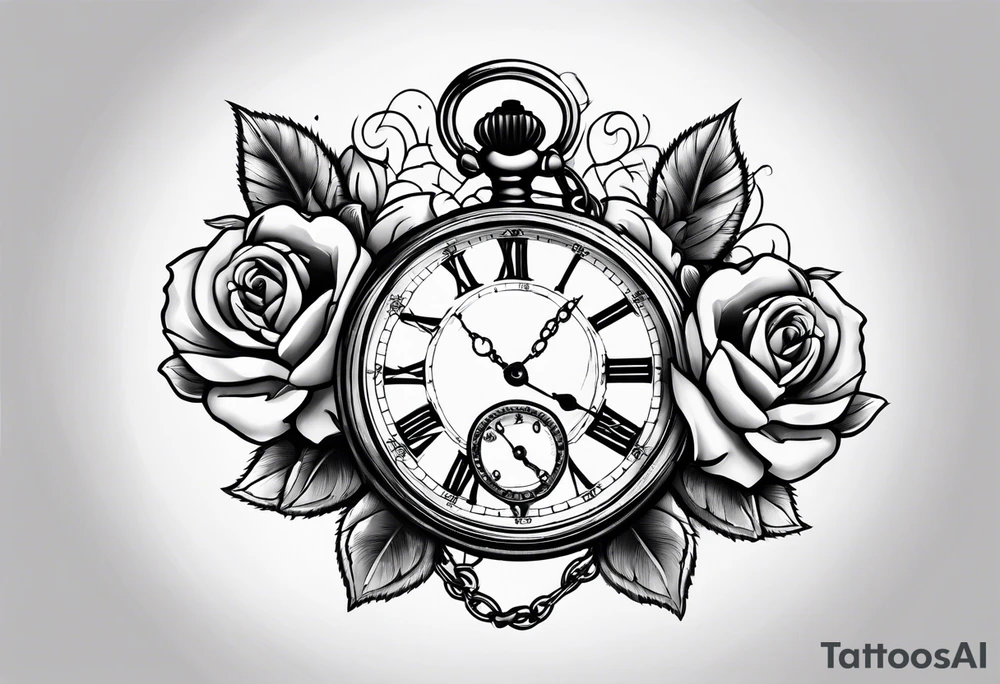 Pocket watch with chain and roses tattoo idea