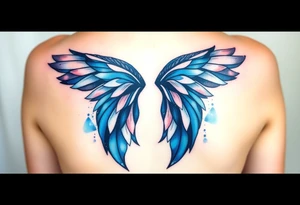 A minimalist wings tattoo that represents a shattered and betrayed gemini woman who fought hard throughout this year. With colors blue and black. Make it unique and rare. Without leaves and stem. tattoo idea