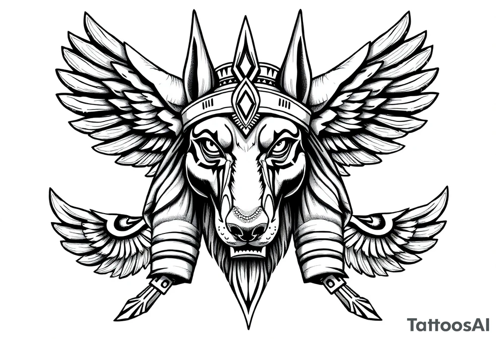 Egyptian Anubis god face muscle in Egypt style  with mantle on head

dog face surrounded Egyptian symbols based on elements tattoo idea