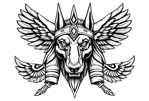 Egyptian Anubis god face muscle in Egypt style  with mantle on head

dog face surrounded Egyptian symbols based on elements tattoo idea