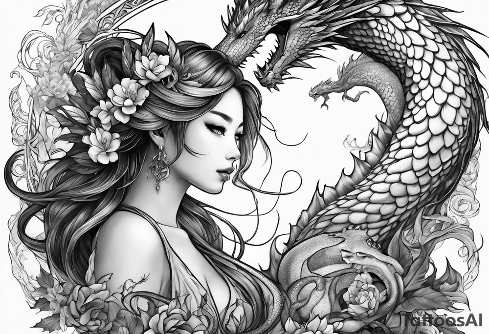 fairy nymph with a dragon friend tattoo idea