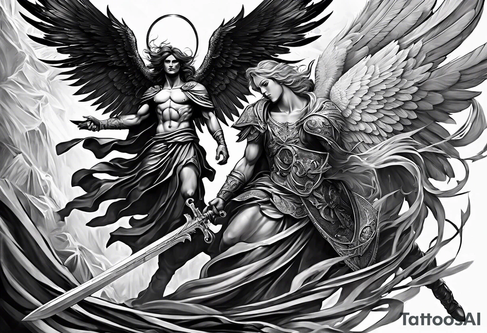 Male American guardian angel with a sword and possessed angel from hell combined together tattoo idea