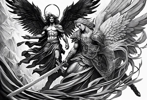 Male American guardian angel with a sword and possessed angel from hell combined together tattoo idea