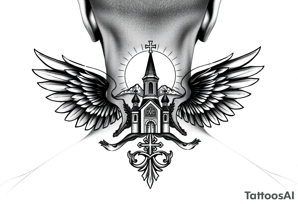russian coat of arms with both heads visible & wings spanning out on my back neck across on to my shoulders with an orthodox christian church being visible in a mountainous sun beaming setting, with the russian orthodox cross spire of the orthodox church being visible on my neck with a sun beaming in the background that the cross sits inside tattoo idea