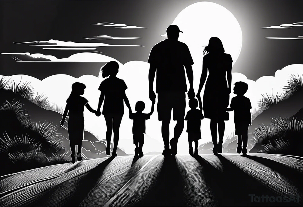 chest and sleeve sun rays with road and dad, daughter and son silhouette tattoo idea