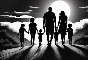 chest and sleeve sun rays with road and dad, daughter and son silhouette tattoo idea