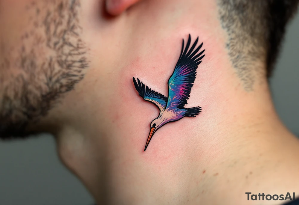 Stork silhouette flying above "Karolína – 9.9.2019 v 14:10", inked in subtle muted tones. tattoo idea